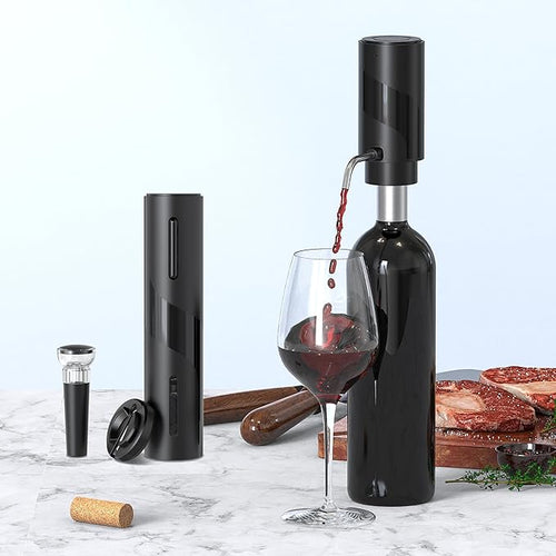4-in-1 Electric Wine Opener Set – USB Rechargeable with Wine Decanter, Wine Aerator,Pourer, Wine Stopper and Foil Cutter. Gift set for Weddings, Parties, and Home Use, Portable size, Black