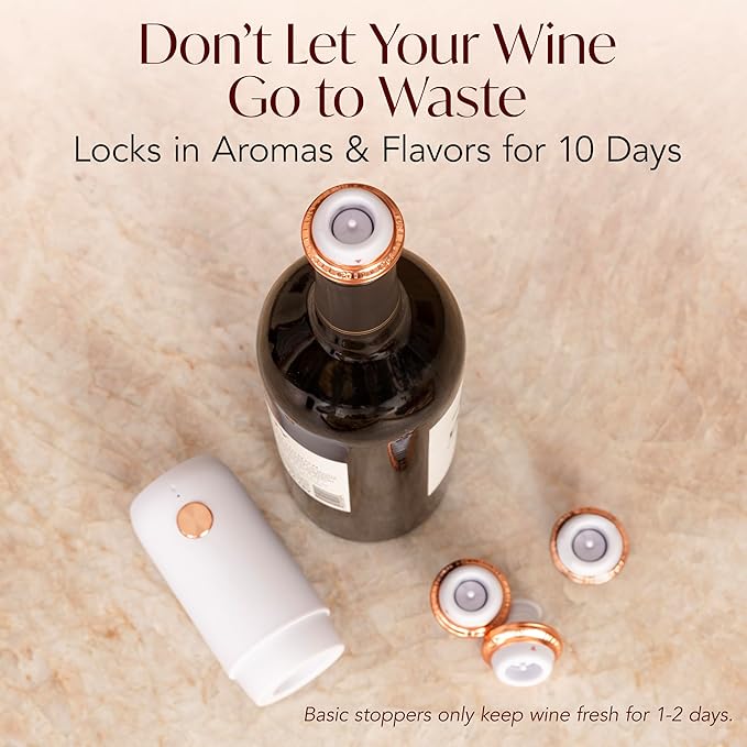 Electric Wine Preserver - Rechargeable Vacuum Saver With Airtight Seal - Automatic Air Remover Pump for 10 Days of Flavor & Freshness - Preservation System (White & Rose Gold)