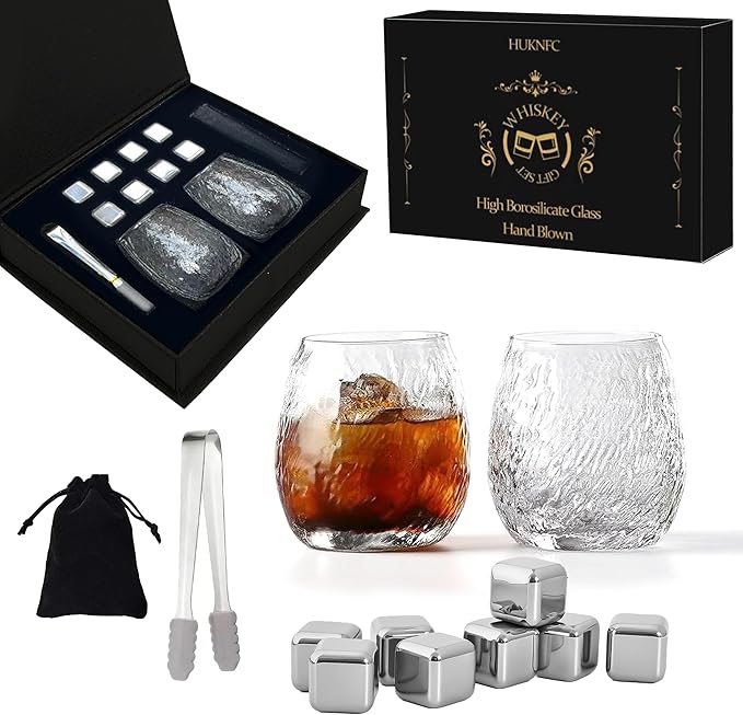 Hand Blown Whiskey Glass Set – Premium Borosilicate Glass Old Fashioned Glasses with Metal Ice Cubes, Tongs & Gift Box – Perfect for Whiskey, Water, Milk, Wine,Beer,Juice & Cocktails
