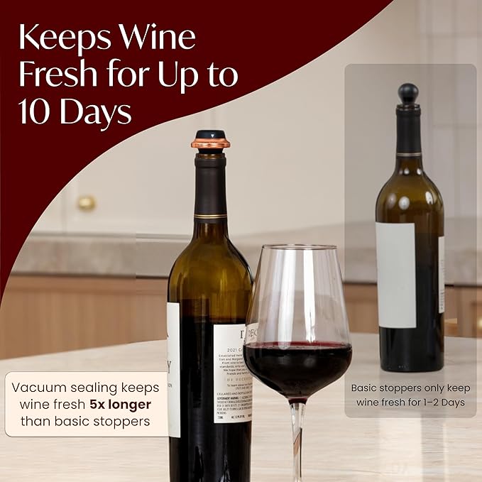 Electric Wine Preserver - Rechargeable Vacuum Saver With Airtight Seal - Automatic Air Remover Pump for 10 Days of Flavor & Freshness - Preservation System (Black & Rose Gold (stoppers only))