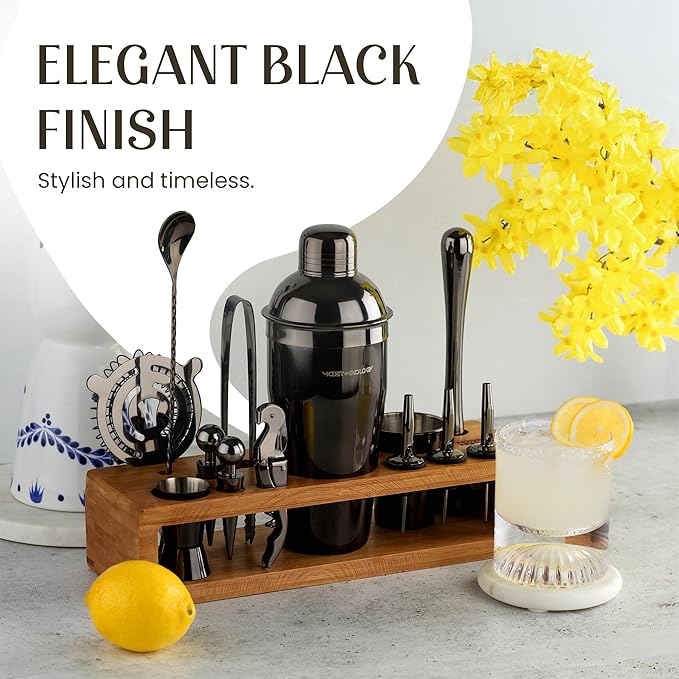 Modern Mixology Pro-Graded Cocktail Shaker Set with Stand | Complete Bartender Kit | 24oz Martini Shaker, Jigger, Strainer, Bar Spoon, Tongs, Opener, Muddler, Home Bar Essentials