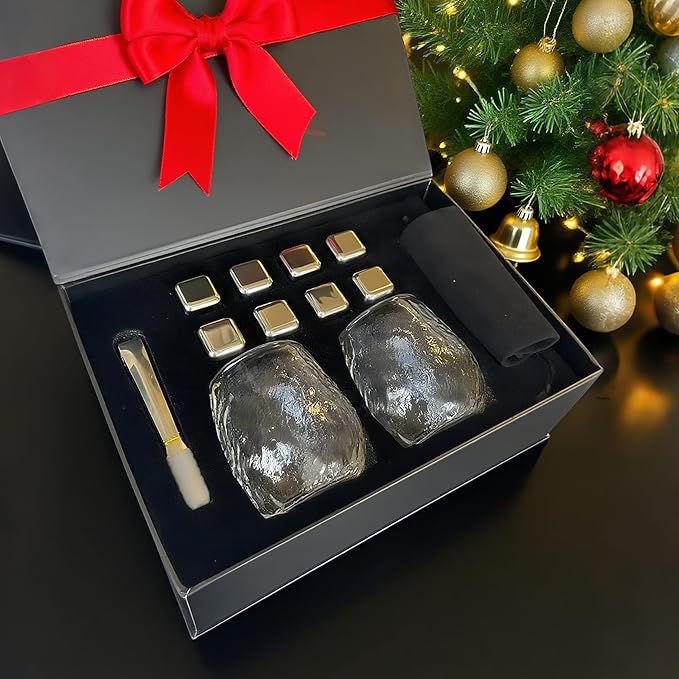 Hand Blown Whiskey Glass Set – Premium Borosilicate Glass Old Fashioned Glasses with Metal Ice Cubes, Tongs & Gift Box – Perfect for Whiskey, Water, Milk, Wine,Beer,Juice & Cocktails