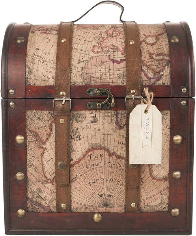 Twine Old World 6 Wooden Wine Bottle Gift Box - Wine Decorative Storage Box with Lid and Handle, Wine Accessory Sets, Wood, Faux Leather in Antique Map Design Liquor Gift Box