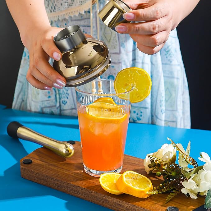 Glass Cocktail Shaker, 17oz Leak-Proof Martini Shaker with Built-in Strainer, Thick Ribbed Drink Shaker Bar Tool for Home Bartending and Aesthetics, Gold