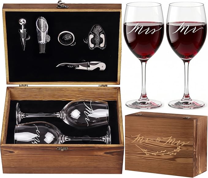 Wedding/Anniversary/Engagement/Bridal Shower and Bachelorette Gifts for Couples,Bride & Newlywed, Engraved Mr and Mrs Wine Glasses with 5-Piece Wine Accessory Kit (Bordeaux Wine Glass+Box)