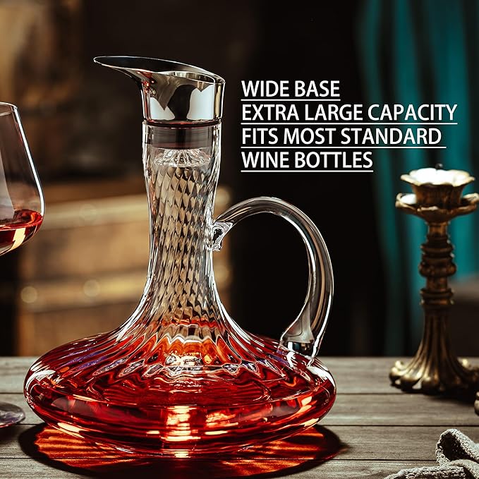 Hand Blown Wine Decanter, 60oz Large Red Wine Decanter With Aerator, Lead-free Striped Glass Carafe, Cute Wine Accessories Set With Handle And Lid Filter, Unique Gifts For Wine Lovers