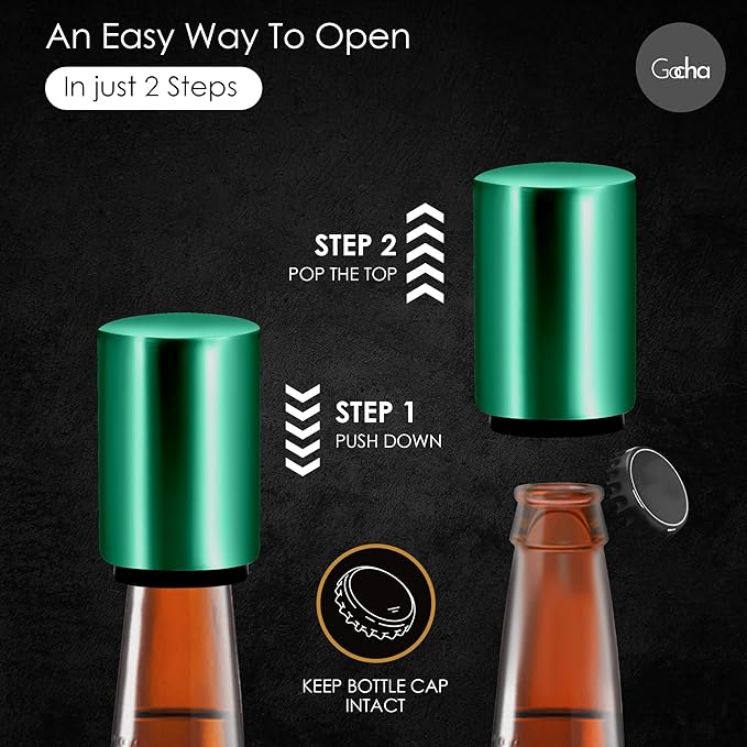 GOCHA | Magnetic Beer Bottle Opener with Automatic Cap Catcher – Stainless Steel Push-Down Gadget, One-Hand Bar Tool for Beer & Soda Bottles (Green)