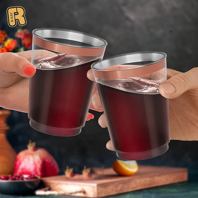 R-kay Rose Gold Plastic Cups, Heavy Duty 10 OZ Disposable cups, Plastic cocktail Glasses (Rose Gold)