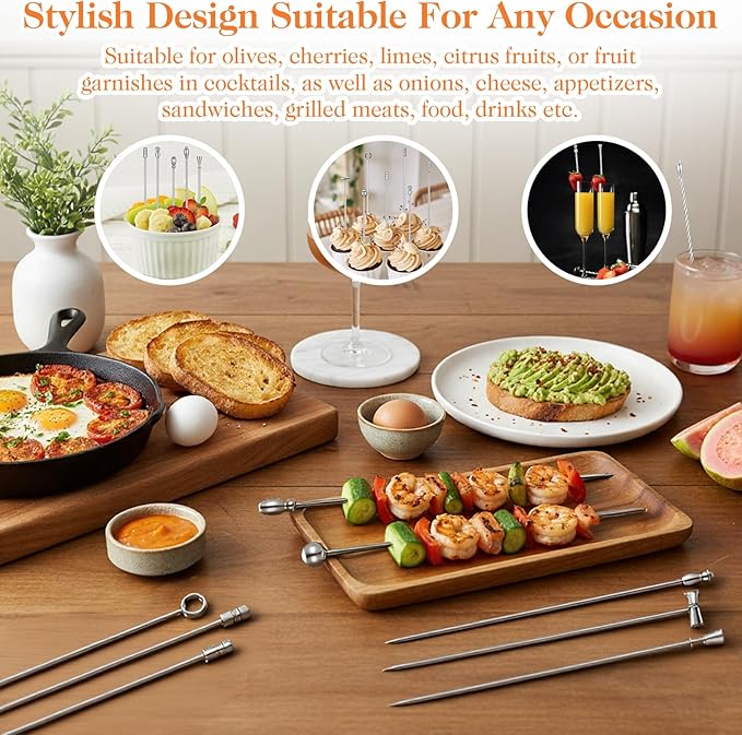 9 Pcs Metal Martini Cocktail Picks, 4.2 Inches Olive Appetizer Skewers Stainless Steel Martini Garnish Sticks Reusable, Metal Toothpicks for Drinks, Bar Accessories Supplies for Bartenders (Sliver)