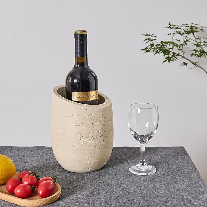 Natural Travertine Textures Wine Chiller Bucket – 750ml Resin Cooler for Wine & Champagne Bottles, Party Bar Cart Decor – Keeps Drinks Cold, Unique Gift for Wine Lovers, Housewarming (Beige)