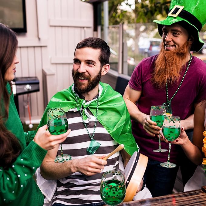 SiliFine 4pcs Green Wine Glasses, 14-17 oz St. Patrick's Day Drinking Cup, Hand Painted Lucky Shamrock Glasses for Party Supplies & Decorations