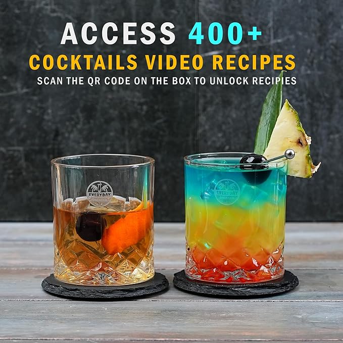 EVERYDAY COCKTAIL Old Fashioned Whiskey Glasses with Luxury Wooden Box - 10 Oz Rocks Barware for Scotch, Bourbon, Liquor, and Cocktail Drinks - Set of 2 Glasses -Chilling Stones -Slate Coasters