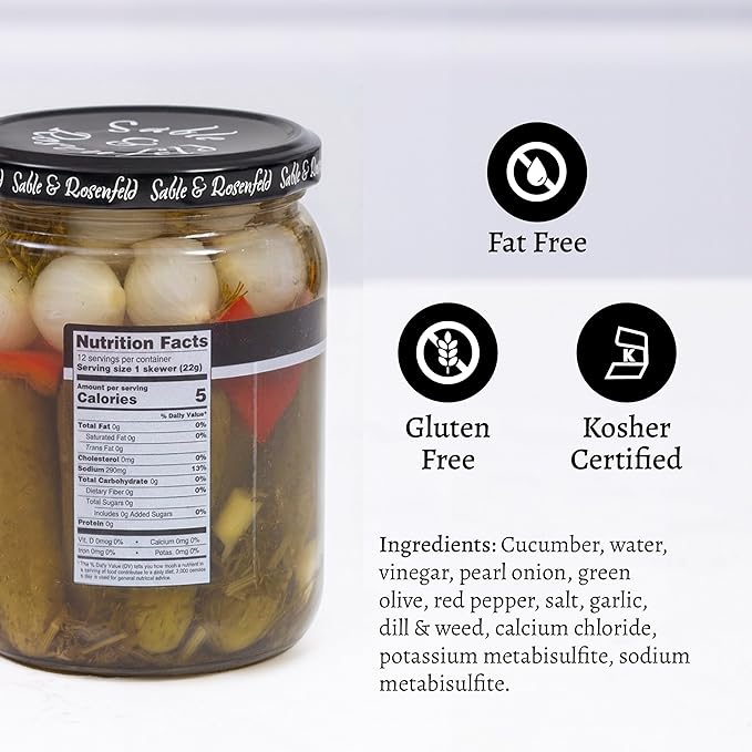 Sable & Rosenfeld Tipsy Garlic & Dill Cocktail Stirrers 16 oz Jar (Pack of 1), Hand-Packed Martini Pickles and Olive Skewers, Kosher, Gluten-Free Cocktail Garnish