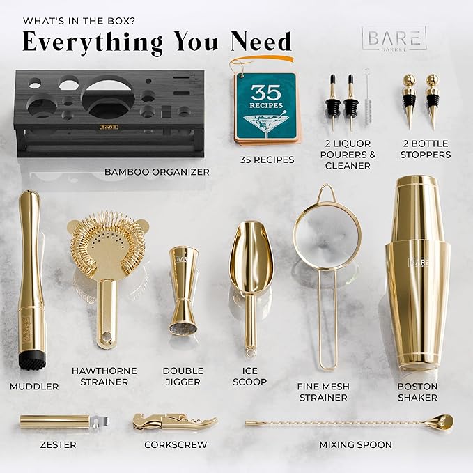 BARE BARREL® Mixology Bartender Kit Bar Set | 16-Piece Cocktail Shaker Set | Martini Barware Mixing Tools for Home Bartending | Incl. 35 Recipe Cards | Gift Set (28oz Boston Shaker, Gold/Black)