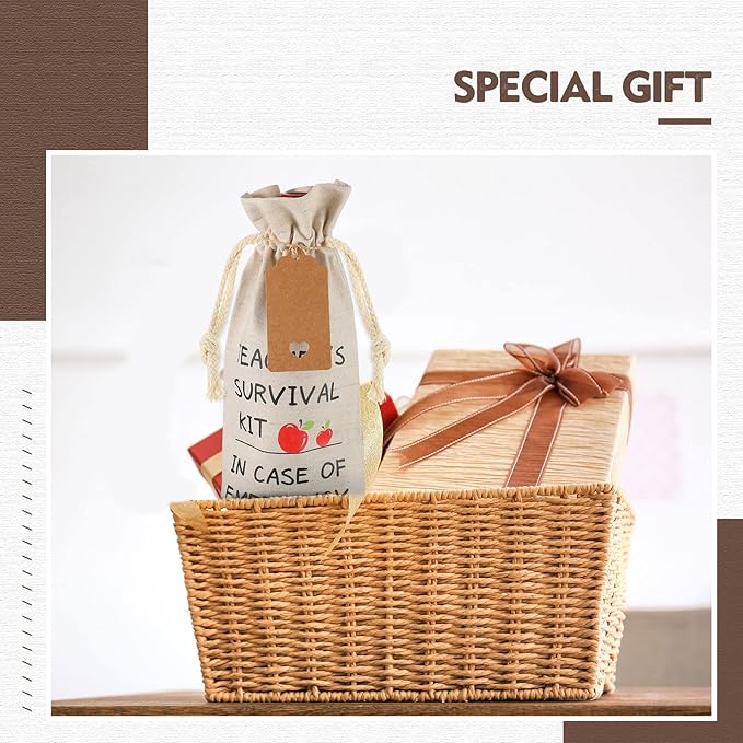 6 Pieces Teacher Appreciation Gift Wine Bags for Women Men, Burlap Wine Bottle Bags with Drawstrings and Tags End of Year Graduation Thank You Gifts for Teacher