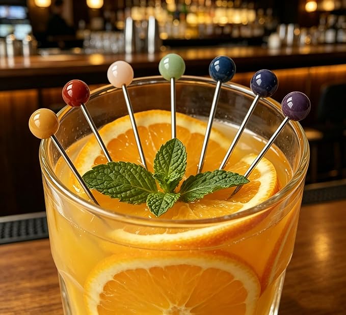 Homestia 6PCS Crystal Cocktail Picks, 4.6" Colorful Natural Gemstone Martini Sticks, Reusable Metal Olive Skewers Cocktail Pins Garnish Picks for Cocktails Drinks Party