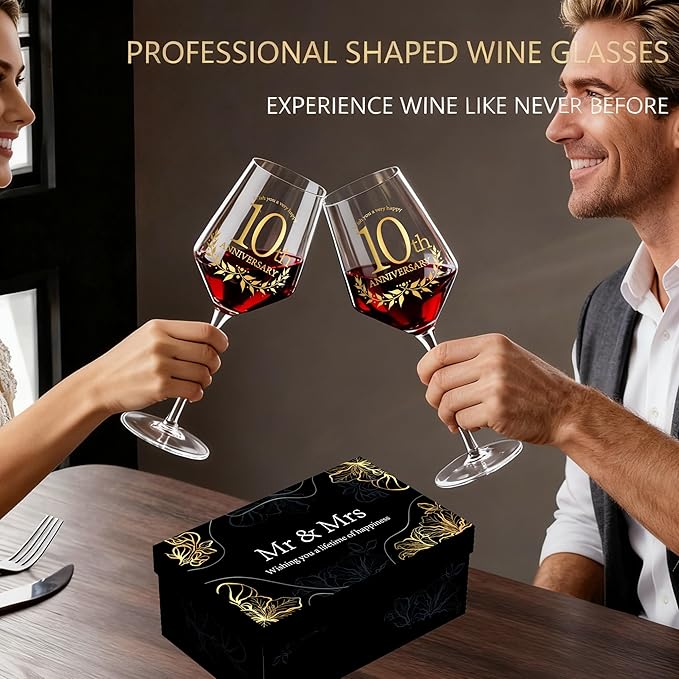 10 Years Anniversary Wine Glass Gift Set of 2 Happy 10th Anniversary Package with 2 Wine Glasses, Wine Bag, and Greeting Card Gifts for Couple Husband and Wife