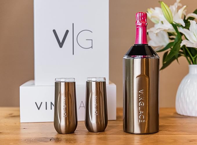 Vinglacé Champagne Bottle Chiller Gift Set- Portable Stainless Steel Sparkling Wine Cooler with 2 Stemless Champagne Flutes, Copper