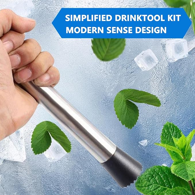 Muddler for Cocktails,10" Bar Spoon & Ice Tongs with Serrated Tip, 3PcsStainless Steel Bar Tools Set for Mojitos, Lemonade, Fruit Drinks, Home PartyBar Accessories