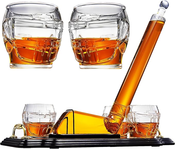 Ice Hockey Whiskey Decanter Set with 4 Unique Helmet Glasses, 750ml Decanter and 8oz Glasses – Perfect for Hockey Fans Gift, Whiskey Lovers, Sports Enthusiasts, Fathers, or Holidays by The Wine Savant