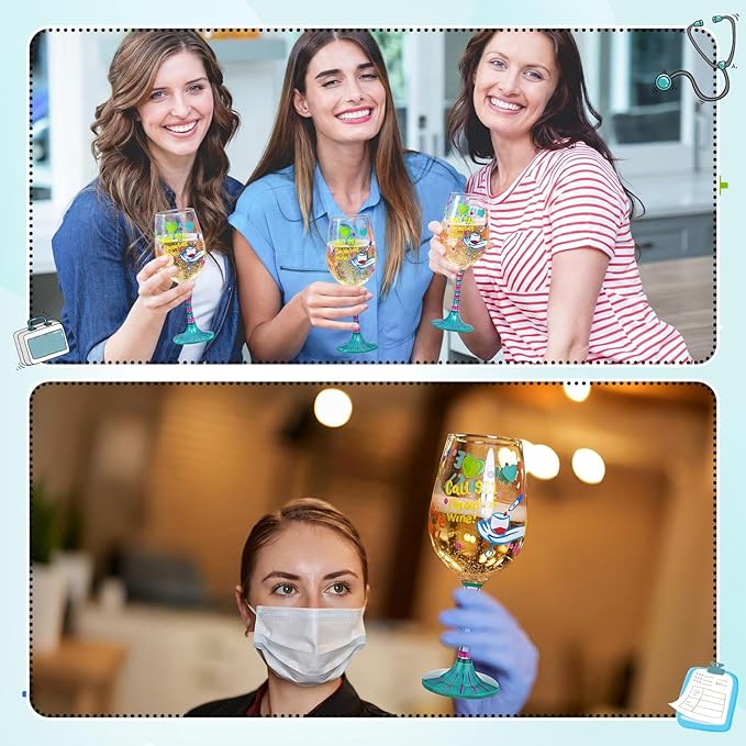 SiliFine 4 Pcs Nurse Stemmed Wine Glasses Hand Painted Drinking Cup Wine Glasses Gifts for Women Nurses' Day Appreciation Birthday Theme Holiday Party Supplies