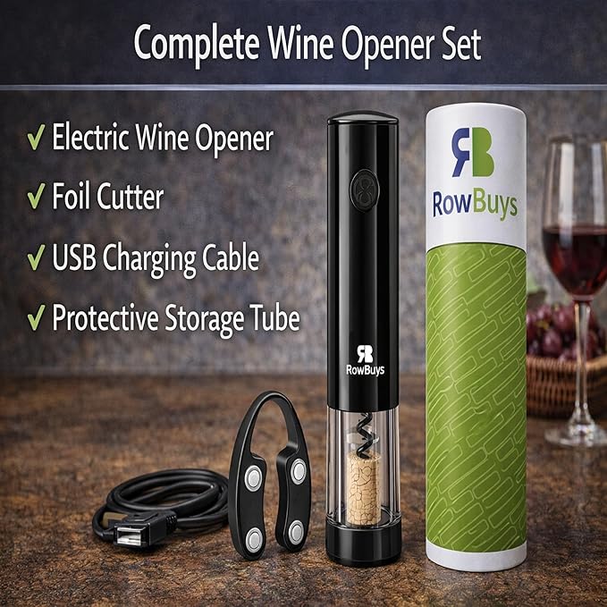 Electric Wine Opener Set – Rechargeable Automatic Corkscrew with One-Touch Operation, Cordless Wine Bottle Opener with Foil Cutter & USB Charging Cable, Wine Lover Gift