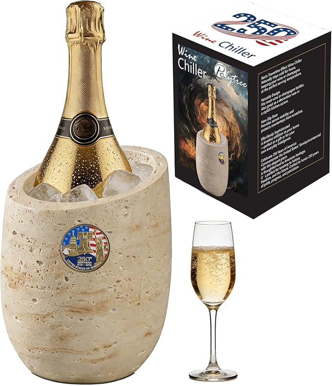 250th Years of United States Wine Chiller & Champagne Cooler – Travertine-Textured Resin Bucket for Rapid Cooling, Perfect for Independence Day Celebration, Home Party Decor – Wine Lovers Gift (Beige)