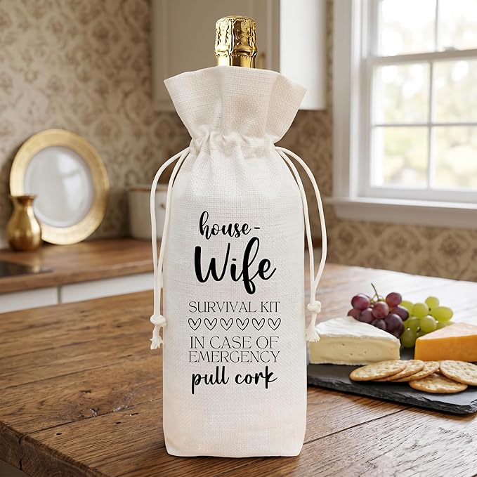 Funny Housewife Survival Kit Wine Bag, Linen Drawstring Wine Bottle Gift Bag, Reusable Wine Pouch for Wife Birthday Anniversary Mother's Day Wedding, 13 x 5.7 Inch - A06