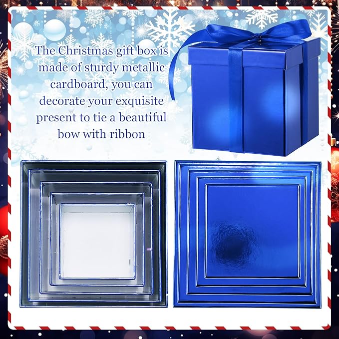 Cholemy 5 Pcs Square Nesting Boxes Decorative Gift Boxes with Lid and Ribbon Assorted Sizes Wrap for Wedding, Carnival, Anniversary, Birthday, Bridal Shower Party Gifts(Shiny Blue)