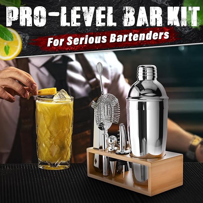 Bar Set & Cocktail Shaker Kit (10-Piece) — Stainless Steel Mixology Bartender Kit with Shaker, Jigger, Strainer, Muddler, Spoon, Tongs, Corkscrew & Wooden Stand — Bar Tools Gift for Cocktail Lover