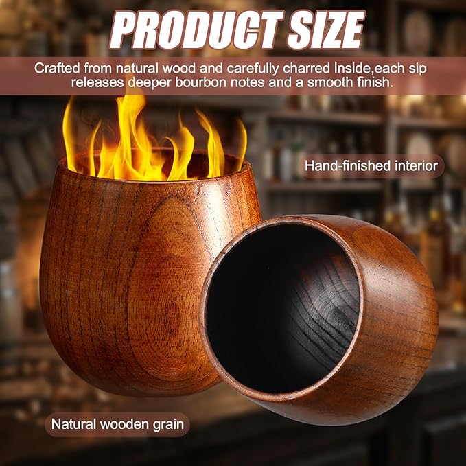 Charred Wooden Bourbon Drinking Glasses Set of 2 for Men 6 oz Whiskey Glasses 6 Ice Cubes Charred Bourbon Gifts for Father Dad Men Brother or Whiskey Lovers Father's Day Birthday Supplies