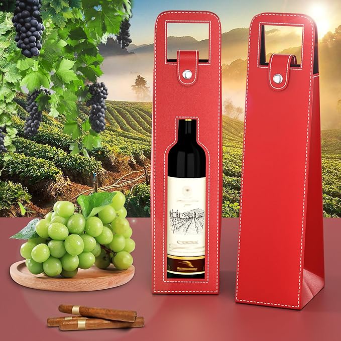 RYDDOY Wine Gift Bag, Reusable Leather Wine Tote Carrier, Single Bottle Champagne Beer Gift Bags Carrier for Birthday, Wedding, Picnic Party, Christmas festival Gifts (Red)