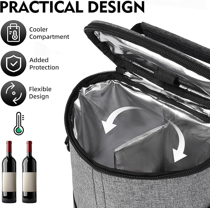 ALLCAMP 2 Bottle Wine Tote Carrier - Insulated Portable Padded Canvas Wine Bag for Travel, BYOB Restaurant, Wine Tasting, Party, Great Christmas Day Gift for Wine Lover，Gray