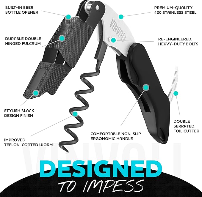 Vinvoli Professional Waiters Corkscrew - Multi-Functional 3-in-1 Cork Screw Bottle Opener - Wine Key With Wine Foil Cutter