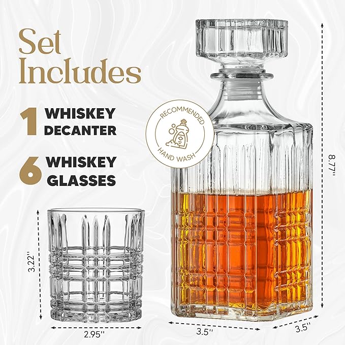 Style Setter Whiskey Decanter Set with Glasses - Prestigious Whiskey Set with 25oz Liquor Decanter and 6 Glasses - Upscale Whisky Decanter & Glass Set - Birthday Gifts Fathers Day