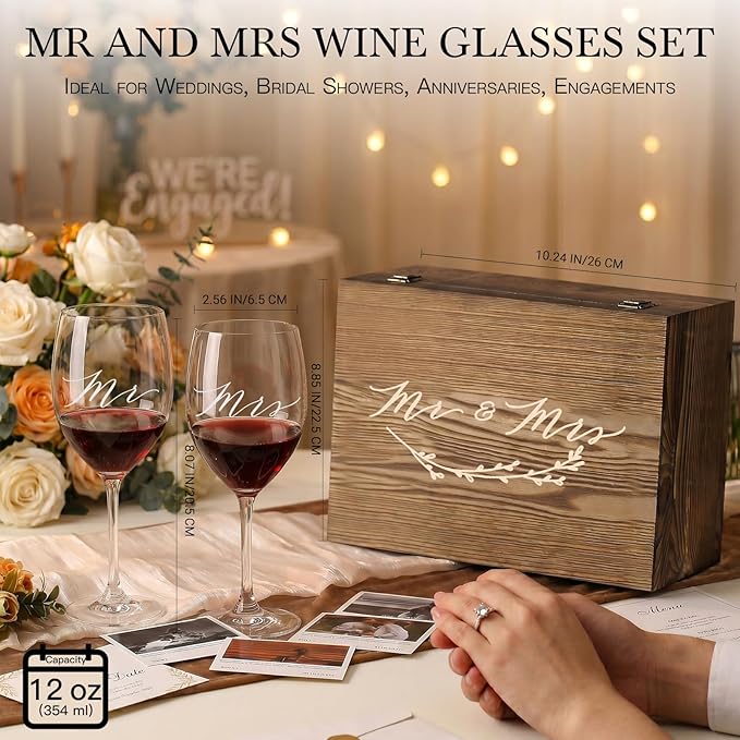 Wedding/Anniversary/Engagement/Bridal Shower and Bachelorette Gifts for Couples,Bride & Newlywed, Engraved Mr and Mrs Wine Glasses with 5-Piece Wine Accessory Kit (Bordeaux Wine Glass+Box)