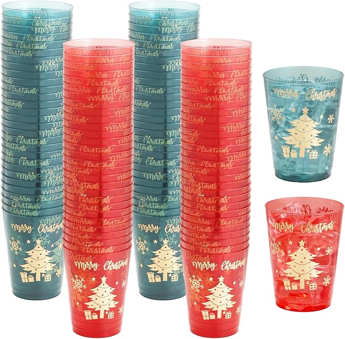 DaYammi 60 Pack Gold Christmas Plastic Cups Disposable, 10 Oz Clear Red Plastic Cups and Green Cups,30 Red Gold Tree Tumblers, 30 Hard Green Cup Bulk for Christmas Party