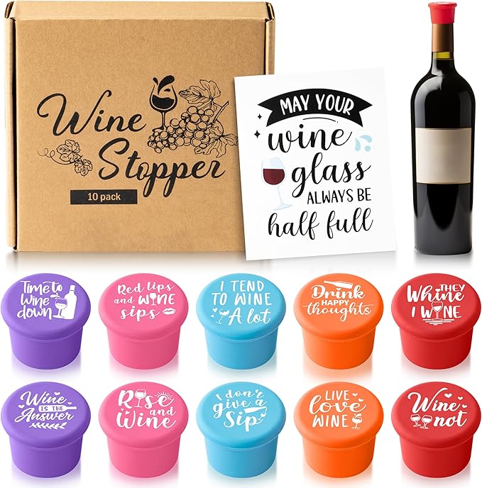 10Pcs Wine Stoppers Set Funny Live Love Wine Pattern Silicone Bottle Covers Gift for Women, Reusable Beverage Corks Strong Sealing Liquor Accessories for Outdoor Picnic Barbecues Party Bars