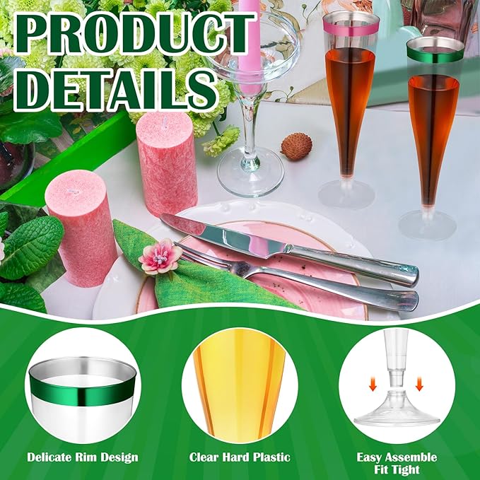 Jingmore 36 Pcs Plastic Champagne Flutes 4.5 oz Clear Disposable Wine Glasses Cocktail Cup Champagne Glass for Wedding Graduation Summer Party Favor Mimosa Bar Supplies (Green,Pink)