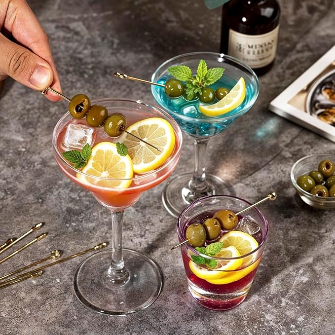 Metal Cocktail Martini Picks Gold, 4.1 in Olive Skewers Stainless Steel, Martini Garnish Sticks Reusable, Metal Toothpicks for Drinks, Appetizers, Cheese, Gift for Mother Bar Accessories - 9 Pcs