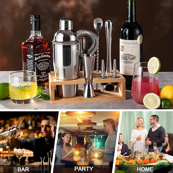 BRIOUT Cocktail Shaker Set Bartender Kit with Stand, Bar Set Drink Mixer Set with All Essential Accessory Tools: Martini Shaker, Jigger, Strainer, Mixer Spoon, Muddler, Liquor Pourers | Silver