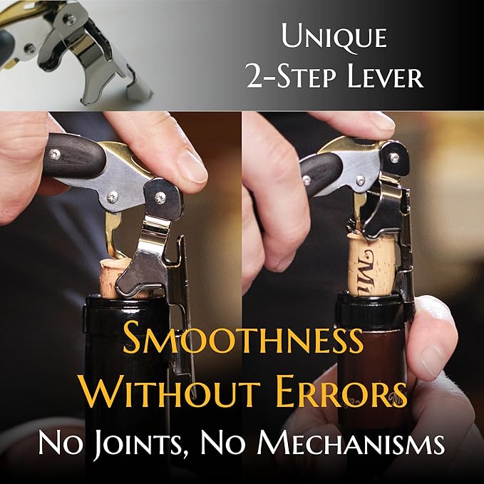 Corkscrew for Professionals FALCORK® 249 – Protection – 2-Step Unique Single Lever and Generous Ergonomic Handle for Sweet, Stable and Careful Service in High Hospitality – Only Noble Materials