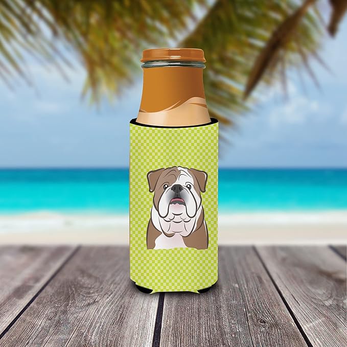 Checkerboard Lime Green English Bulldog Ultra Beverage Insulators for slim cans