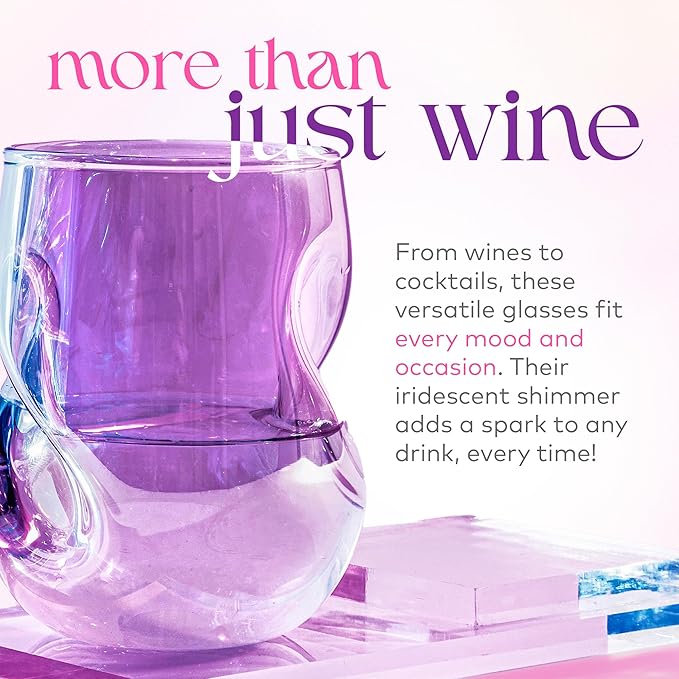 Dragon Glassware Stemless Wine Glasses - 16 oz Stemless Wine Glass Set with Finger Indentations - Set of 2 Iridescent Glassware - Aerates Naturally