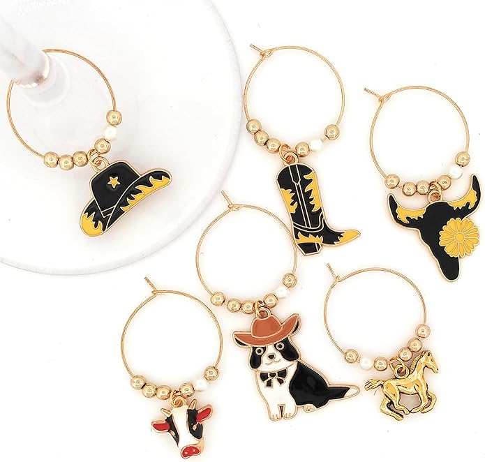 Pixie Cowboy & Cowgirl Wine Charms, 6 Piece Gift Set – Western Glass Tag Identifiers, Horse & Herding Dog Party Favors