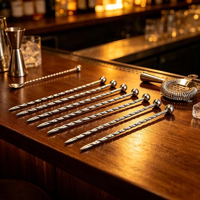 Homestia Silver Cocktail Picks, 16PCS Stainless Steel Twisted Martini Picks 4.3 Inch, Reusable Metal Drink Skewers for Cocktails, Olives, Appetizers, Barware Accessories