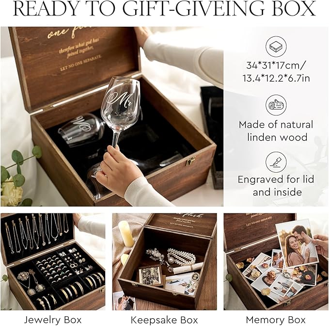 AW BRIDAL Wedding Gifts for Couples 2026, Mr and Mrs Wine Glasses and Decanter Set with Wood Box, Engagement Gift for Newly Engaged Couple, Bride and Groom Gift for Bridal Shower, Anniversary