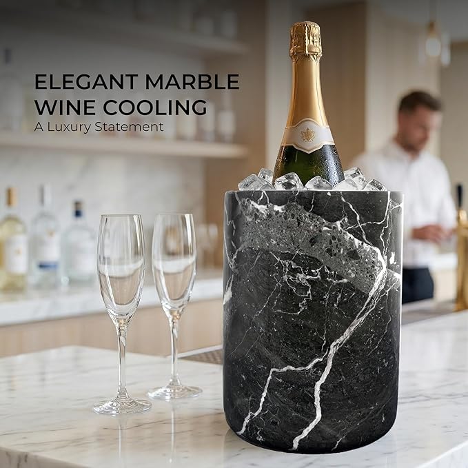 Marble Wine Cooler Black 6.5" Inches Handmade Beverage Cooler For Bar Accessories, Wine Chiller For Bottle and Champagne, Utensil Holder Or Bar Decor, Black