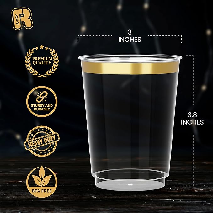 R-kay Gold Plastic Cups, Heavy Duty 10 OZ Disposable cups, Plastic Cocktail Glasses For Party, 50 Pack Disposable Cocktail Glasses (50, Gold)