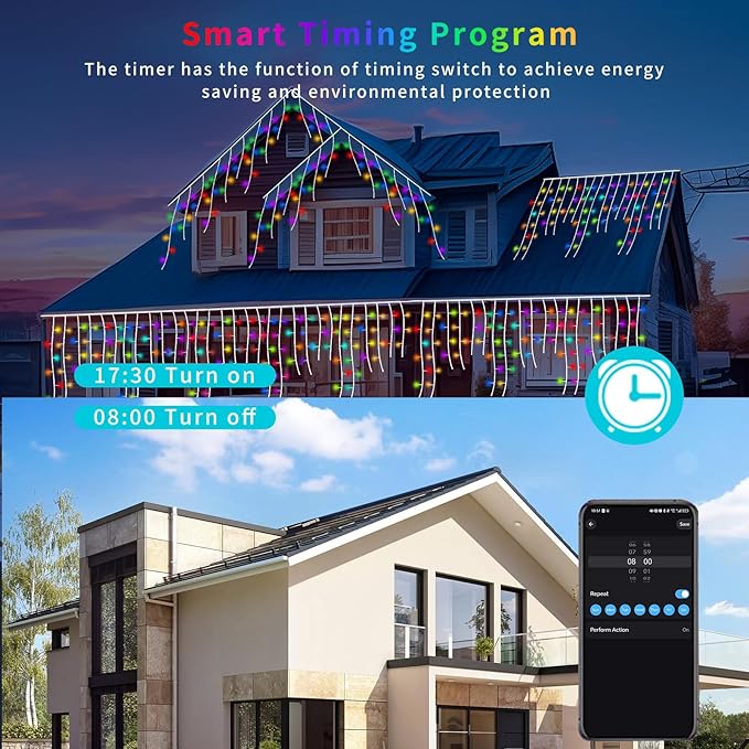 Led Icicle Lights Outdoor,43FT 400 LED RGB Smart Programmable Icicle Christmas Light for Outside,Color Changing LED Connectable Music Sync for House Decorations,Holiday,Red White Blue Independence Day